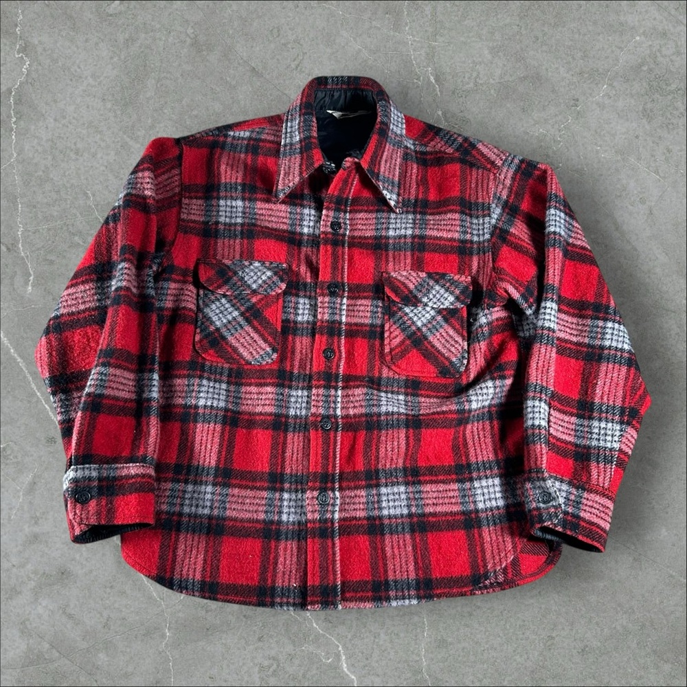 Vintage Montgomery Ward Flannel Shirt Mens XL Red 60s 70s Plaid Wool Button Down